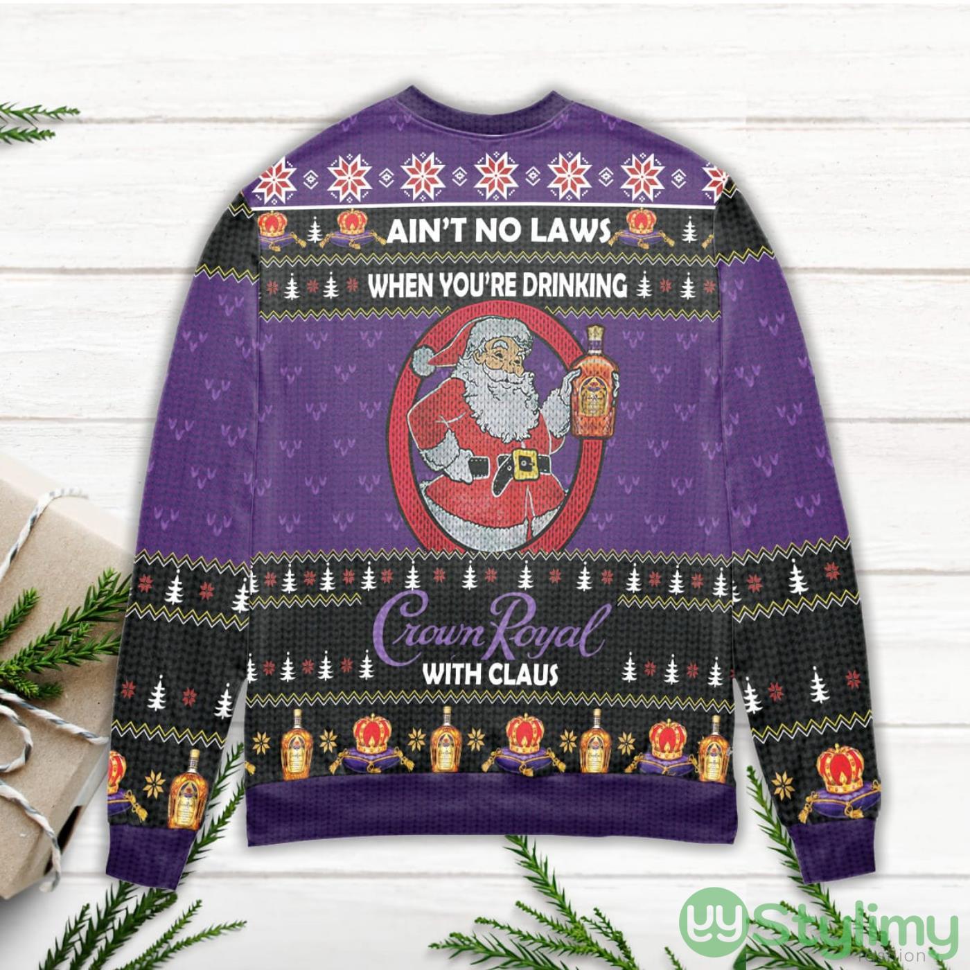 Ain't No Laws When You're Drinking Crown Royal With Claus Purple Ugly Christmas Sweater 3 Ain't No Laws When You're Drinking Crown Royal With Claus Purple Ugly Christmas Sweater Product Photo 3