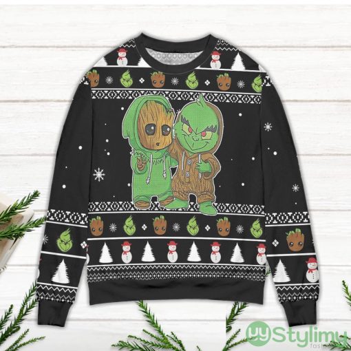 Baby Groot And Grinch Snowman Pattern Claus Ugly Christmas Sweater Product Photo 2