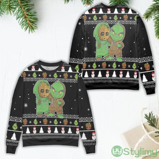 Baby Groot And Grinch Snowman Pattern Claus Ugly Christmas Sweater Product Photo 1