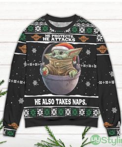 Baby Yoda He Protects He Attacks He Also Takes Naps Snowflake Pattern Ugly Christmas Sweater Product Photo 2