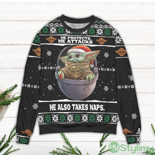 Baby Yoda He Protects He Attacks He Also Takes Naps Snowflake Pattern Ugly Christmas Sweater