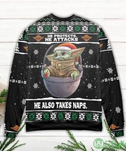 Baby Yoda He Protects He Attacks He Also Takes Naps Snowflake Pattern Ugly Christmas Sweater Product Photo 3