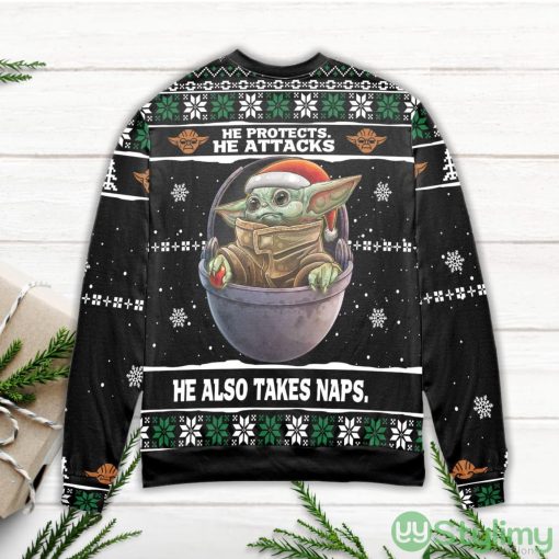 Baby Yoda He Protects He Attacks He Also Takes Naps Snowflake Pattern Ugly Christmas Sweater