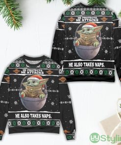 Baby Yoda He Protects He Attacks He Also Takes Naps Snowflake Pattern Ugly Christmas Sweater Product Photo 1