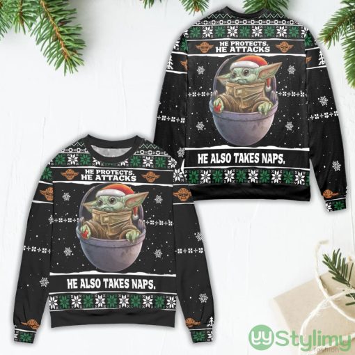 Baby Yoda He Protects He Attacks He Also Takes Naps Snowflake Pattern Ugly Christmas Sweater