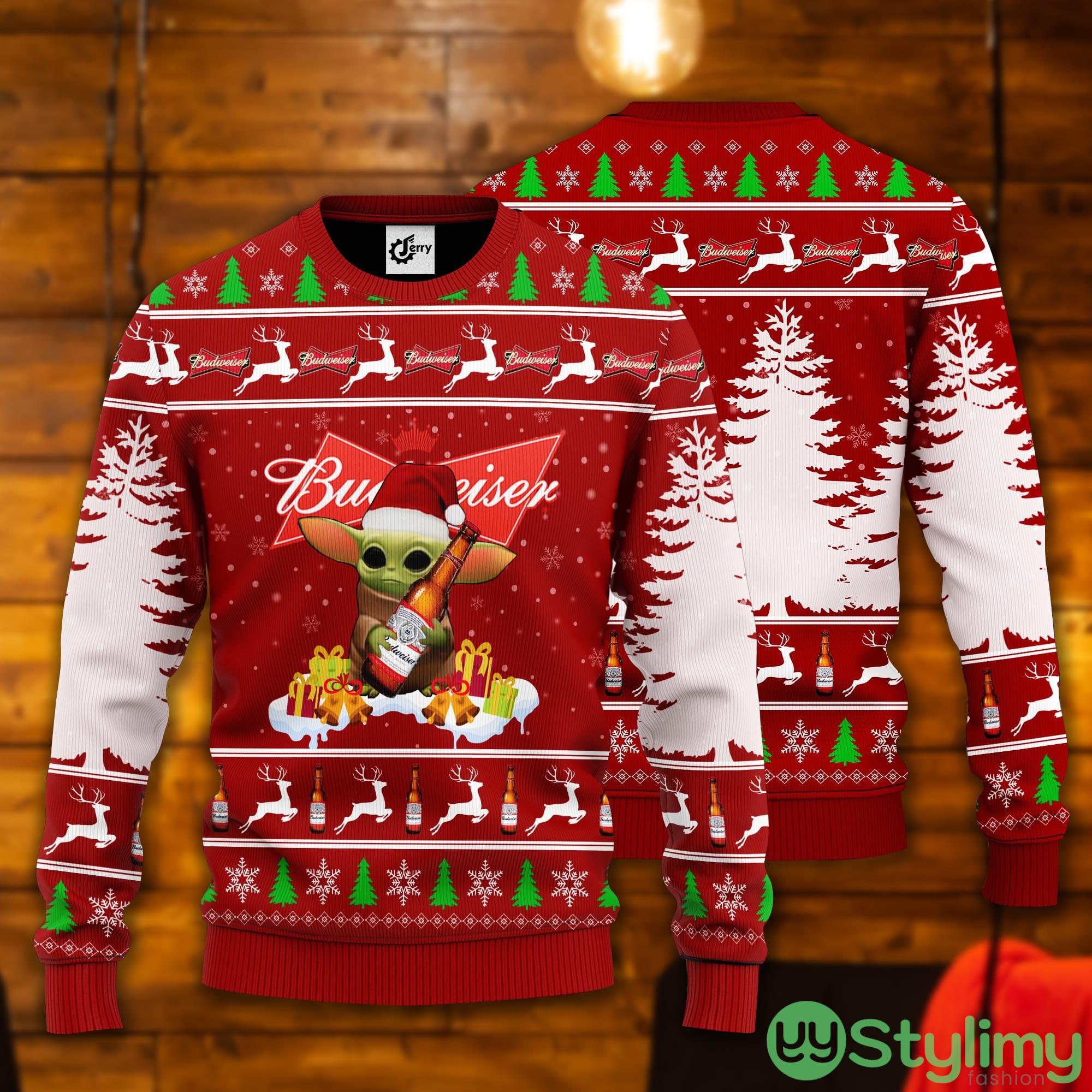 Baby Yoda Hug Budweiser Ugly Christmas Sweater 2 Baby Yoda Hug Budweiser Ugly Christmas Sweater Product Photo 1