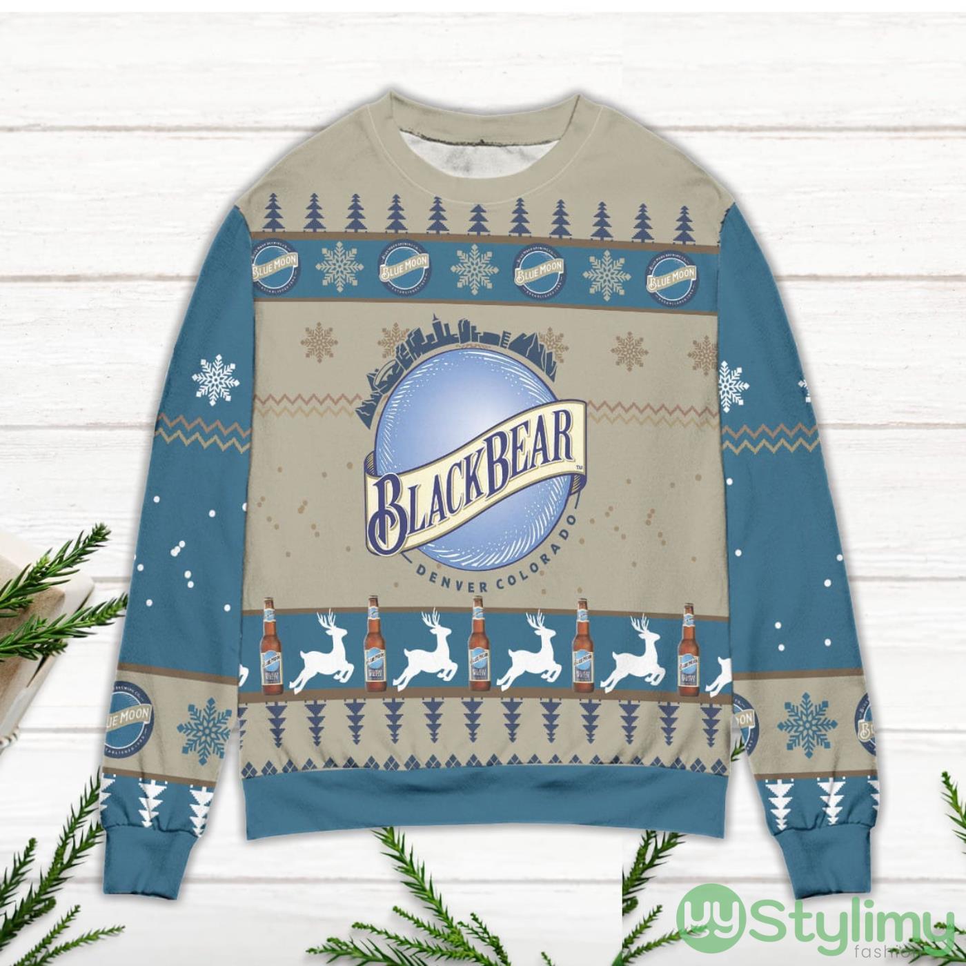 Blue Moon Brewery Reindeer & Snowflake Pattern Ugly Christmas Sweater 2 Blue Moon Brewery Reindeer & Snowflake Pattern Ugly Christmas Sweater Product Photo 2