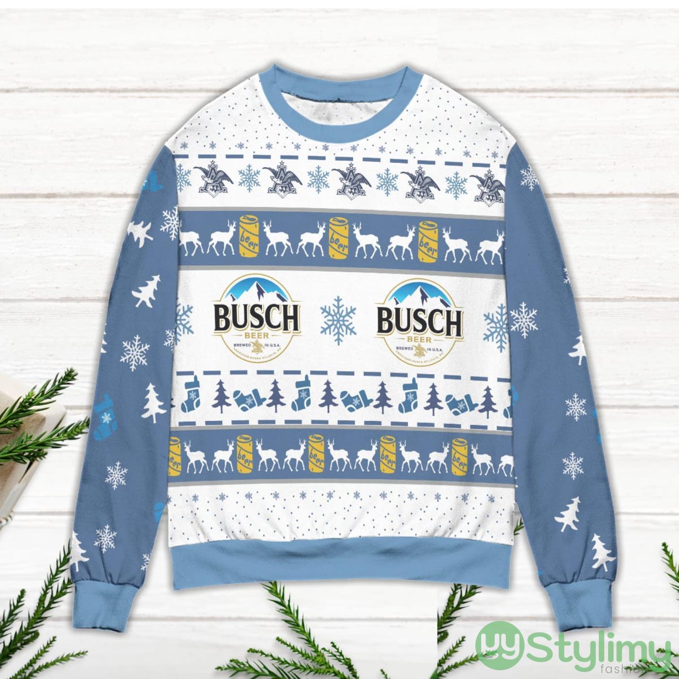 Busch Beer Snowflake & Socks Pattern Ugly Christmas Sweater 2 Busch Beer Snowflake & Socks Pattern Ugly Christmas Sweater Product Photo 2