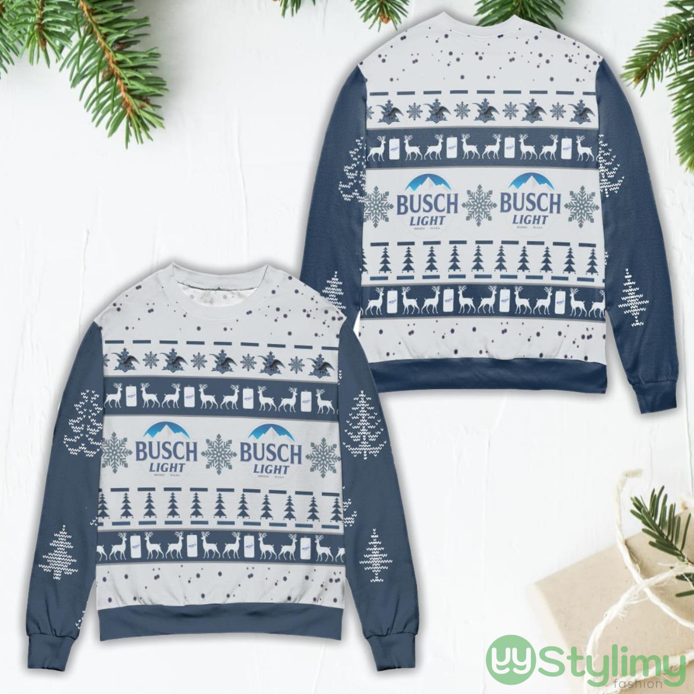 Busch Light Reindeer & Pine Tree Pattern Ugly Christmas Sweater 5 Busch Light Reindeer & Pine Tree Pattern Ugly Christmas Sweater Product Photo 1