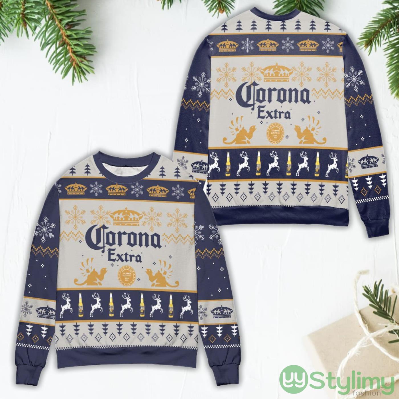 Corona Extra Snowflake & Reindeer Pattern Ugly Christmas Sweater 5 Corona Extra Snowflake & Reindeer Pattern Ugly Christmas Sweater Product Photo 1