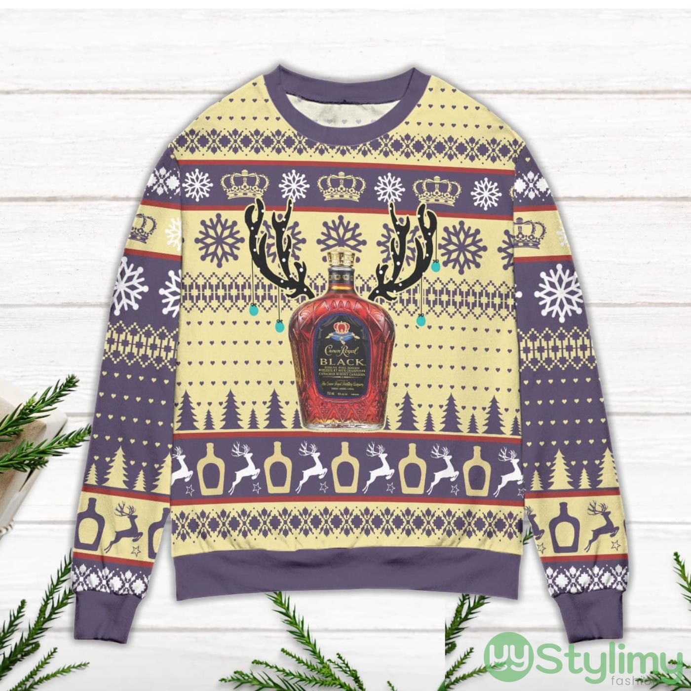 Crown Royal Black Reindeer & Snowflake Pattern Ugly Christmas Sweater 2 Crown Royal Black Reindeer & Snowflake Pattern Ugly Christmas Sweater Product Photo 2