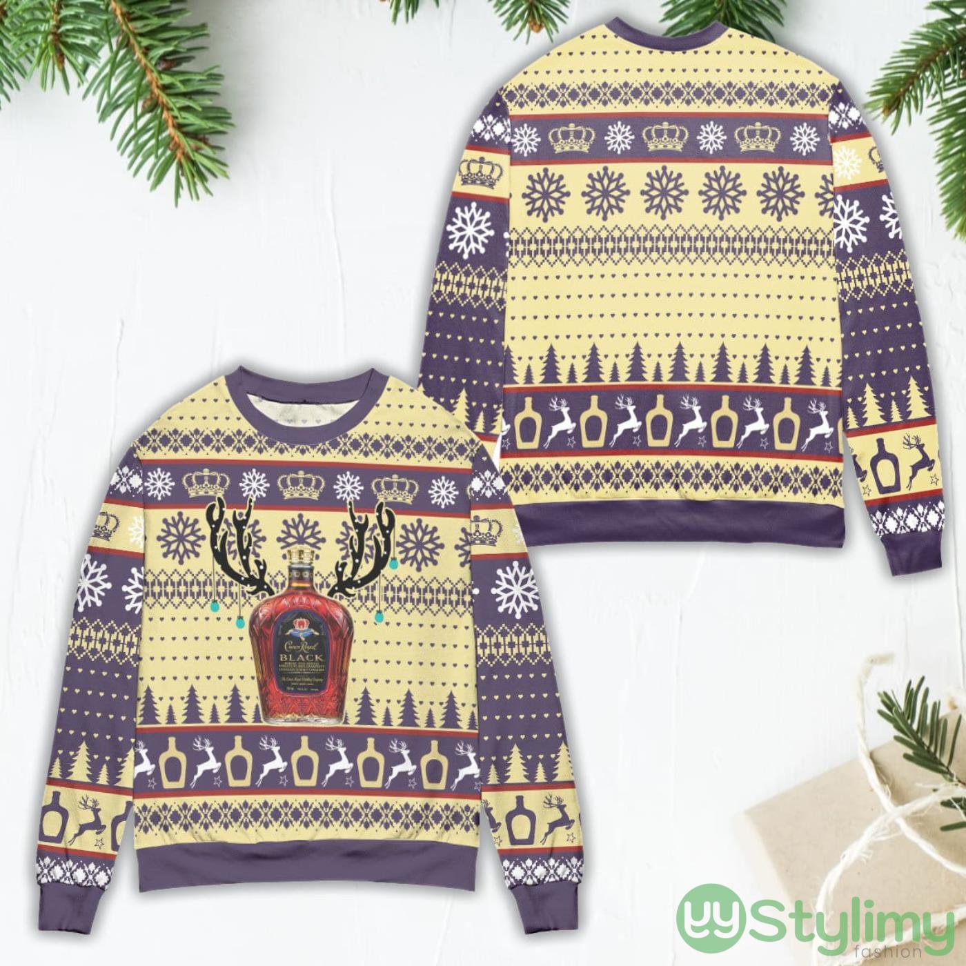 Crown Royal Black Reindeer & Snowflake Pattern Ugly Christmas Sweater 5 Crown Royal Black Reindeer & Snowflake Pattern Ugly Christmas Sweater Product Photo 1