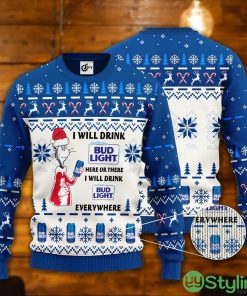 Dr. Seuss I Will Drink Bud Light Here Or There Ugly Christmas Sweater Product Photo 1