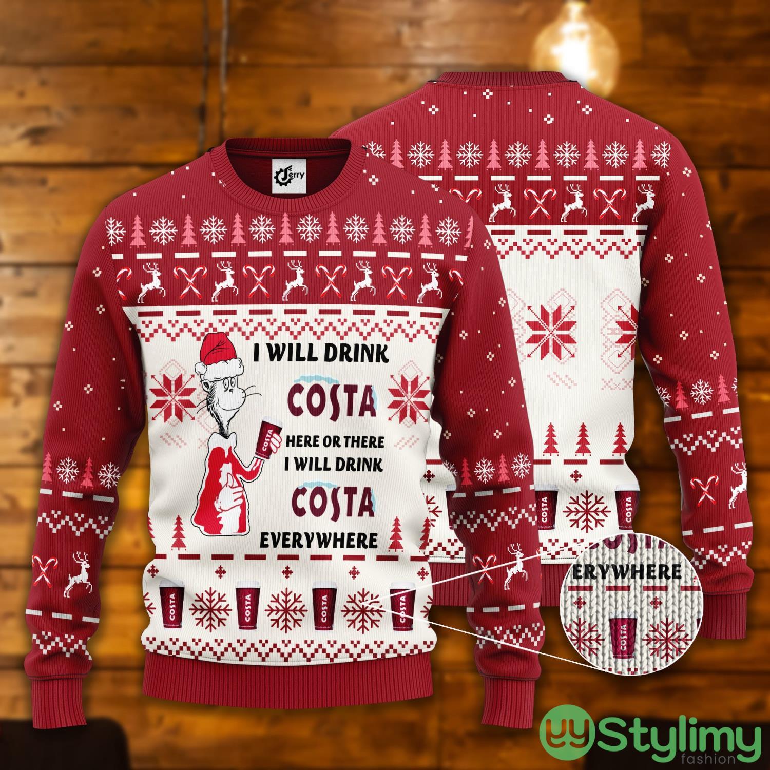 Dr. Seuss I Will Drink Costa Here Or There Ugly Christmas Sweater 2 Dr. Seuss I Will Drink Costa Here Or There Ugly Christmas Sweater Product Photo 1