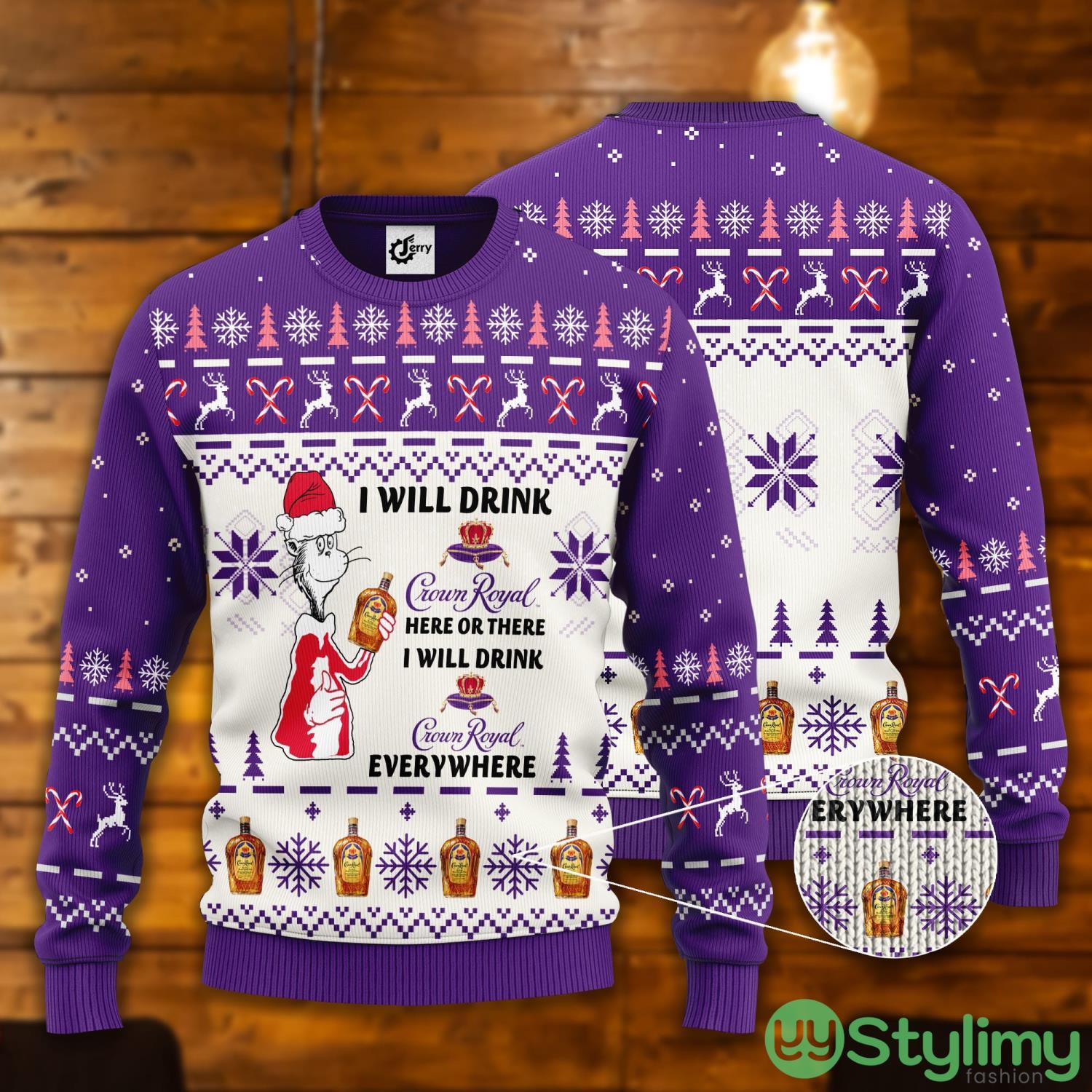 Dr. Seuss I Will Drink Crown Royal Here Or There Ugly Christmas Sweater 2 Dr. Seuss I Will Drink Crown Royal Here Or There Ugly Christmas Sweater Product Photo 1