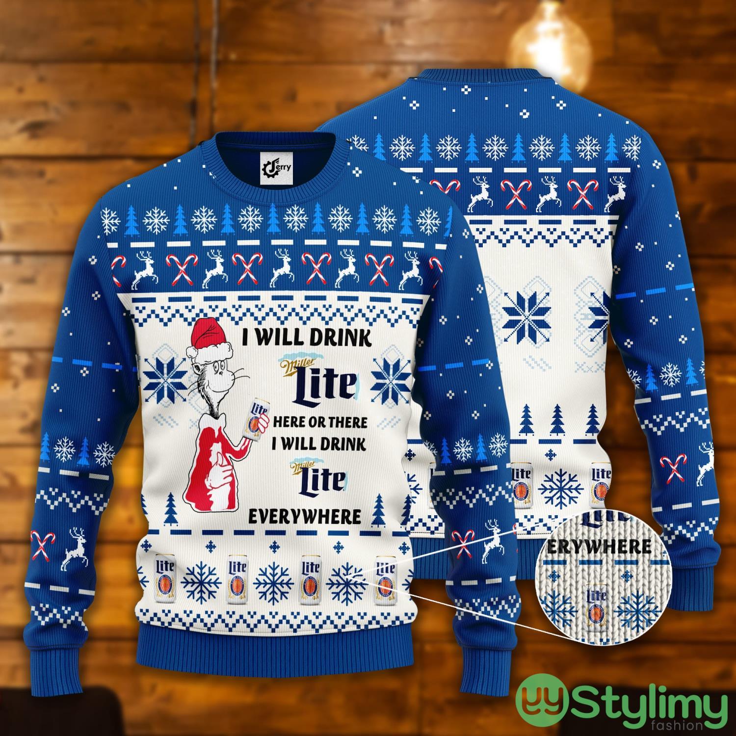 Dr. Seuss I Will Drink Miller Lite Here Or There Ugly Christmas Sweater 3 Dr. Seuss I Will Drink Miller Lite Here Or There Ugly Christmas Sweater Product Photo 1