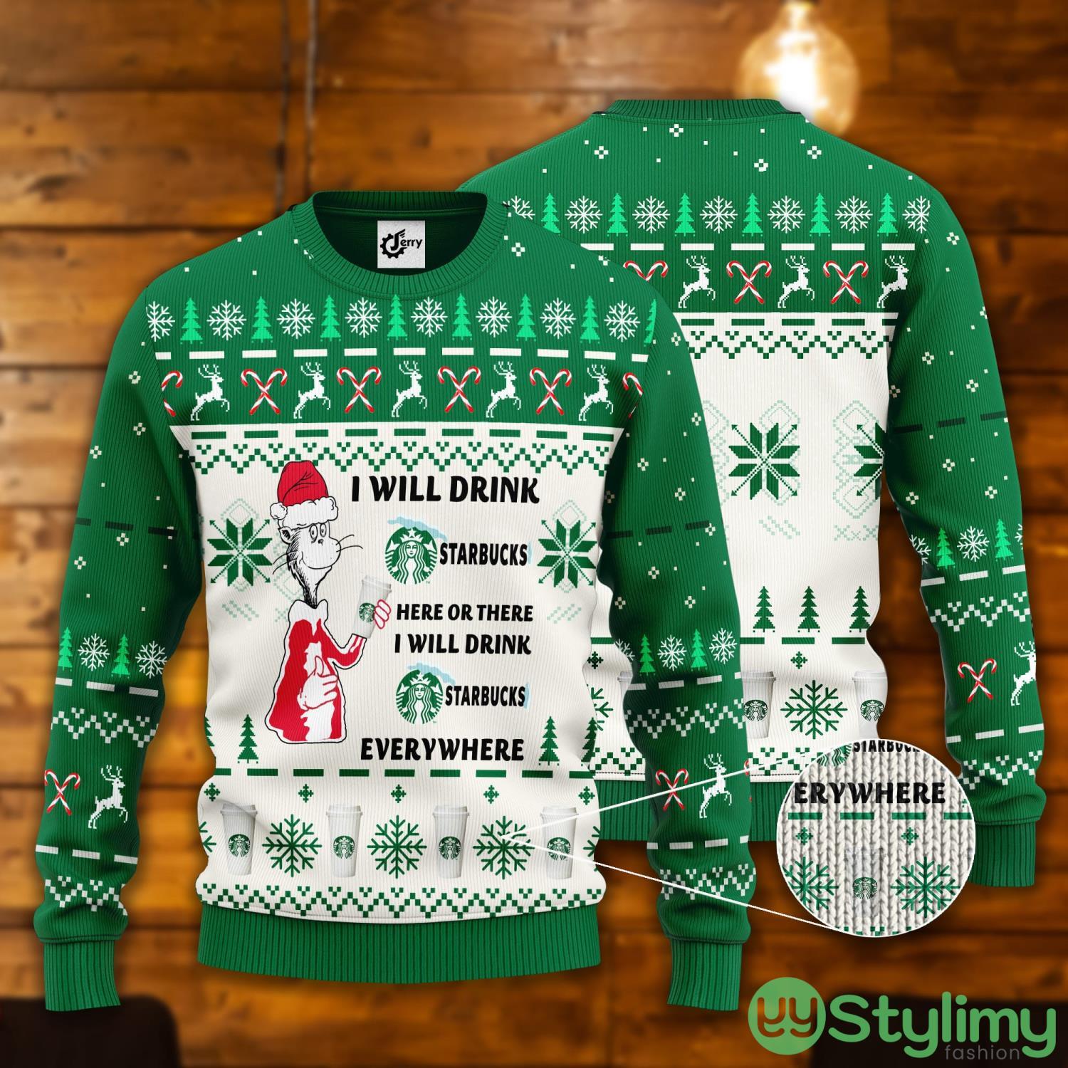 Dr. Seuss I Will Drink Starbucks Here Or There Ugly Christmas Sweater 3 Dr. Seuss I Will Drink Starbucks Here Or There Ugly Christmas Sweater Product Photo 1