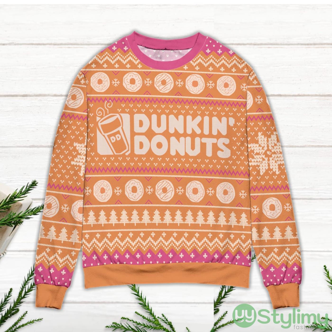 Dunkin' Donuts Snow Flake & Pine Tree Ugly Christmas Sweater - Orange 3 Dunkin' Donuts Snow Flake & Pine Tree Ugly Christmas Sweater - Orange Product Photo 3