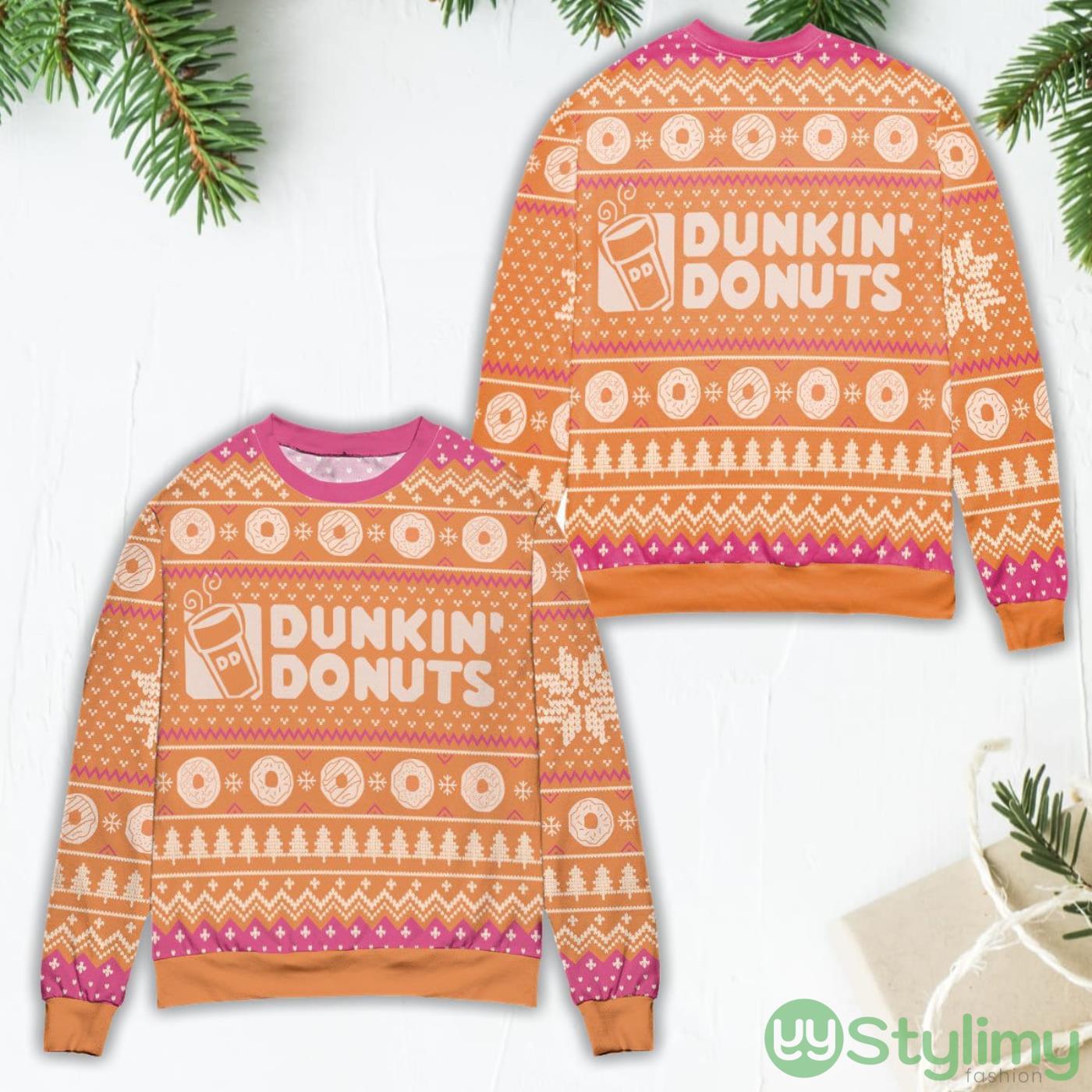 Dunkin' Donuts Snow Flake & Pine Tree Ugly Christmas Sweater - Orange 5 Dunkin