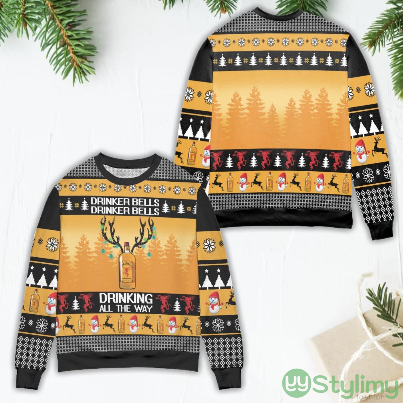 Fireball Cinnamon Whisky Drinker Bells Drinking All The Way Ugly Christmas Sweater 4 Fireball Cinnamon Whisky Drinker Bells Drinking All The Way Ugly Christmas Sweater Product Photo 1
