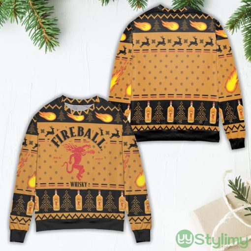 Fireball Red Hot Cinnamon Whiskey Pine Tree Pattern Ugly Christmas Sweater