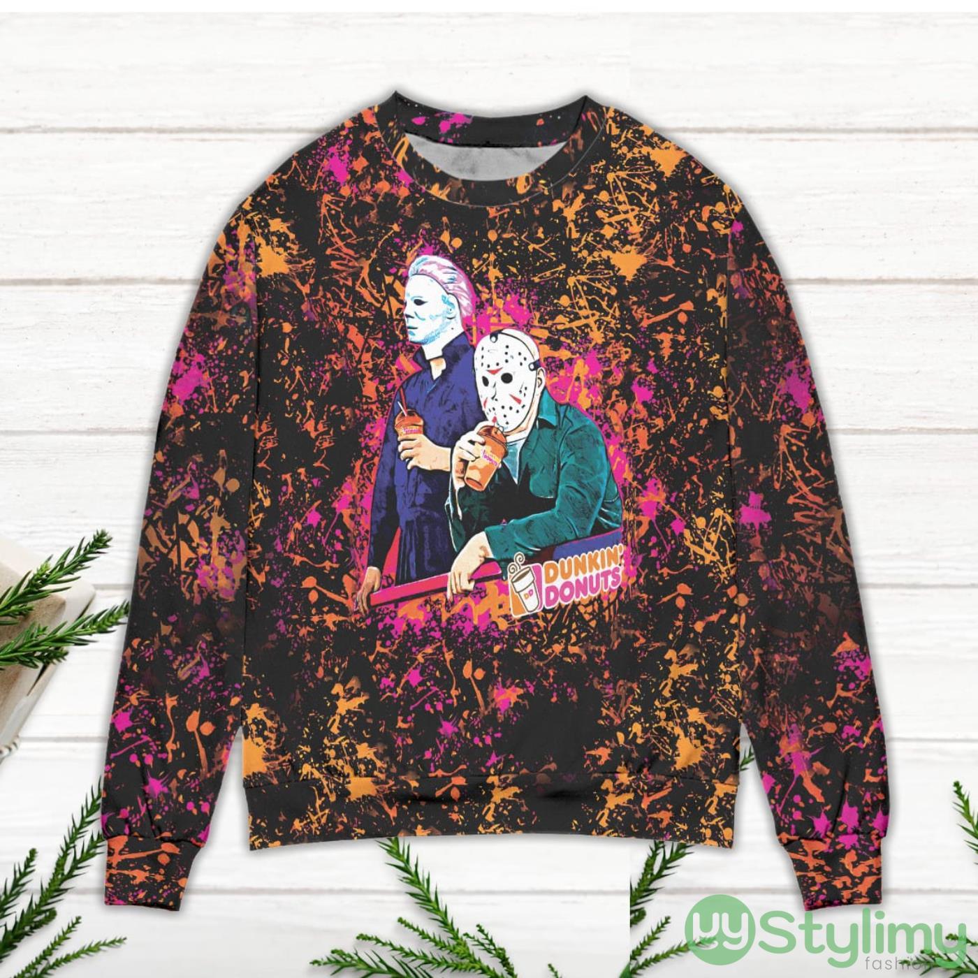 Jason Voorhees And Michael Myers Dunkin Donuts Ugly Christmas Sweater 2 Jason Voorhees And Michael Myers Dunkin Donuts Ugly Christmas Sweater Product Photo 2