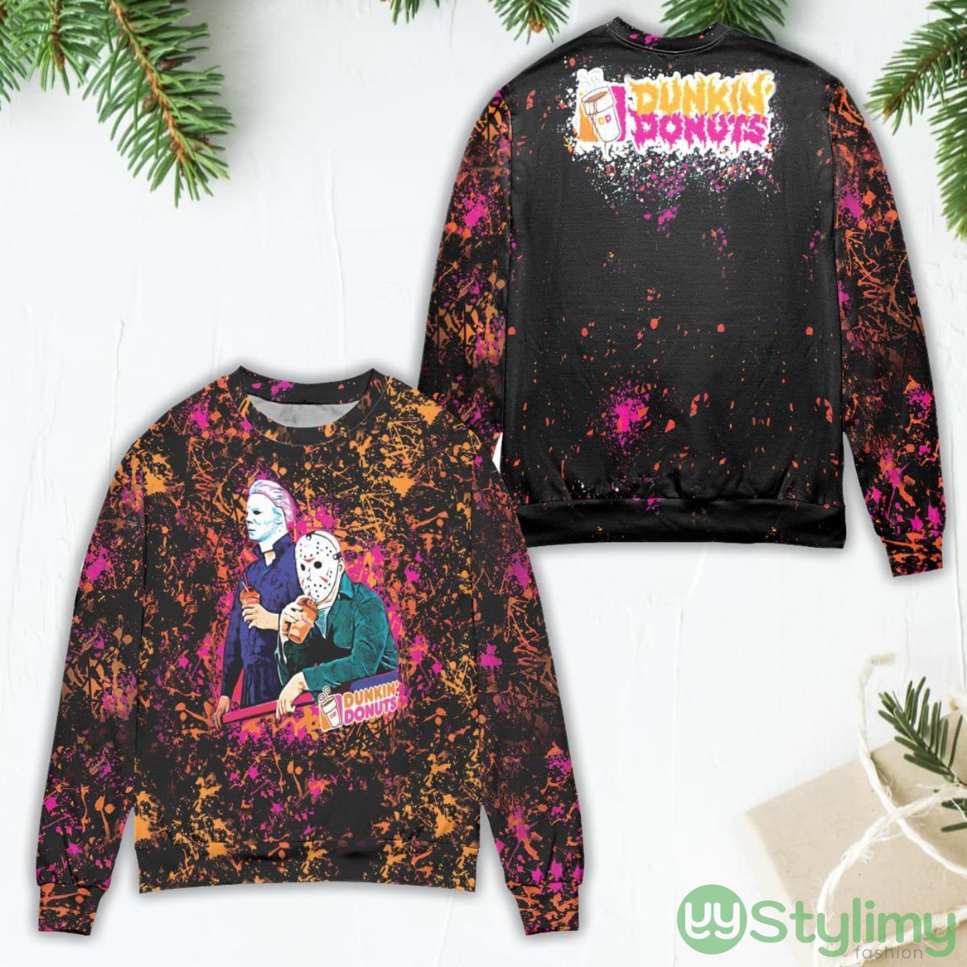 Jason Voorhees And Michael Myers Dunkin Donuts Ugly Christmas Sweater 5 Jason Voorhees And Michael Myers Dunkin Donuts Ugly Christmas Sweater Product Photo 1