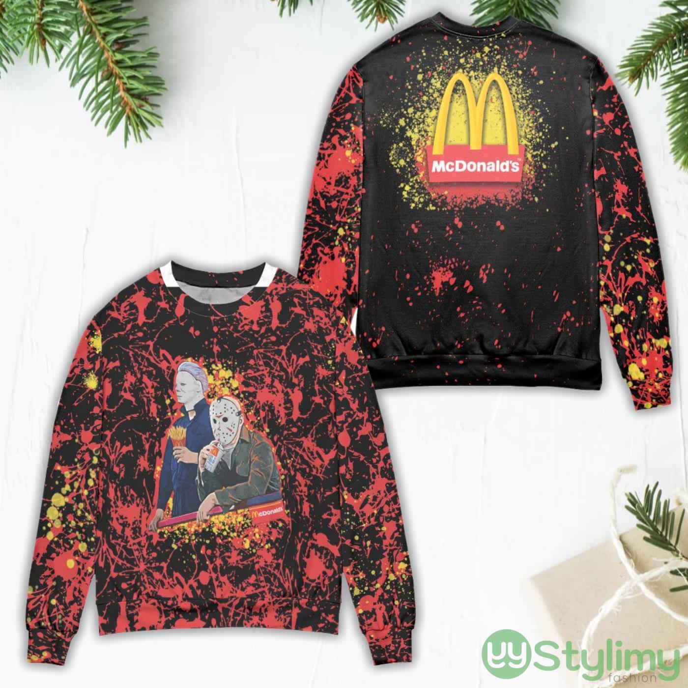 Jason Voorhees And Michael Myers Mc Donald's Ugly Christmas Sweater 5 jason voorhees and michael myers mc donalds ugly christmas sweater