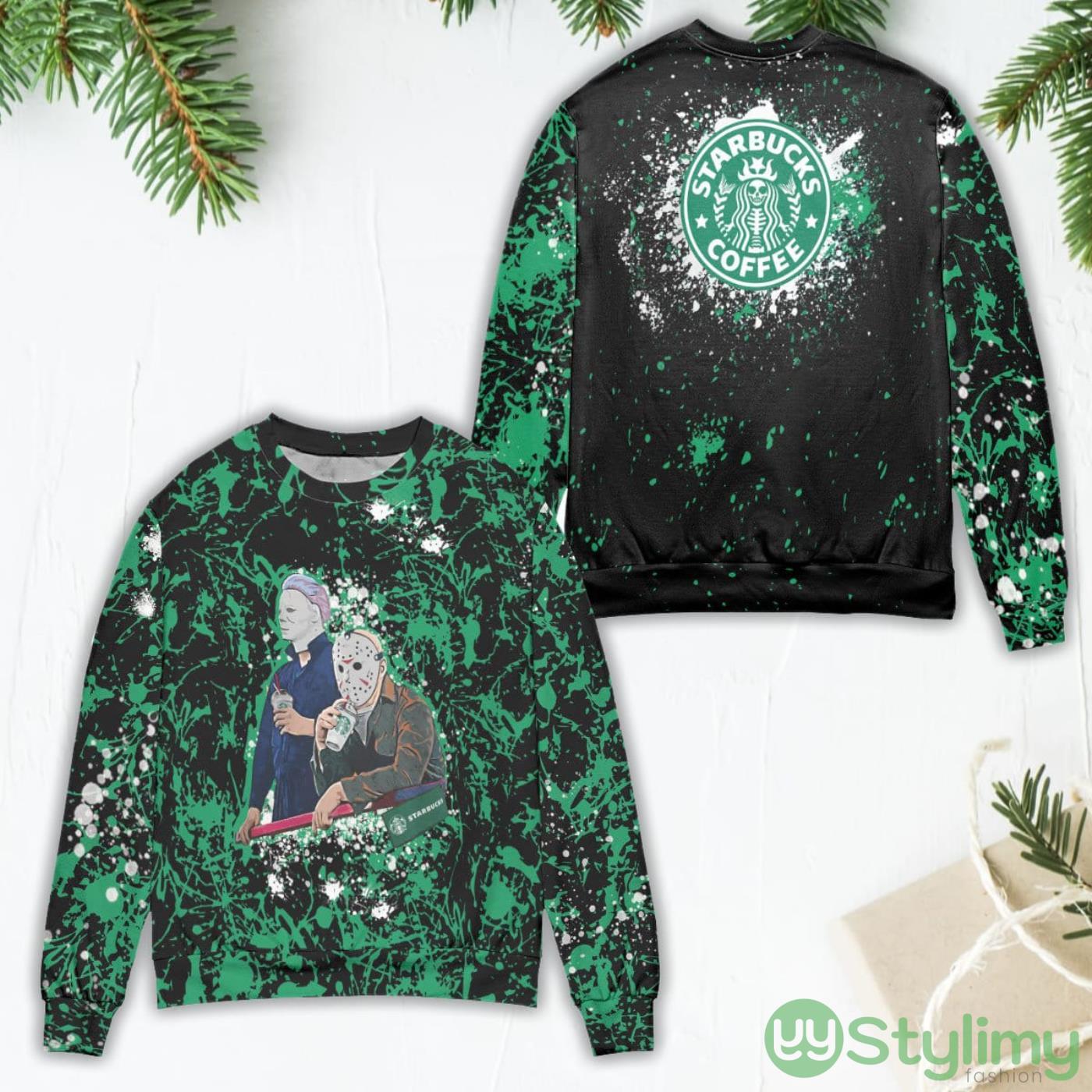 Jason Voorhees Drinking Starbucks Ugly Christmas Sweater 4 Jason Voorhees Drinking Starbucks Ugly Christmas Sweater Product Photo 1