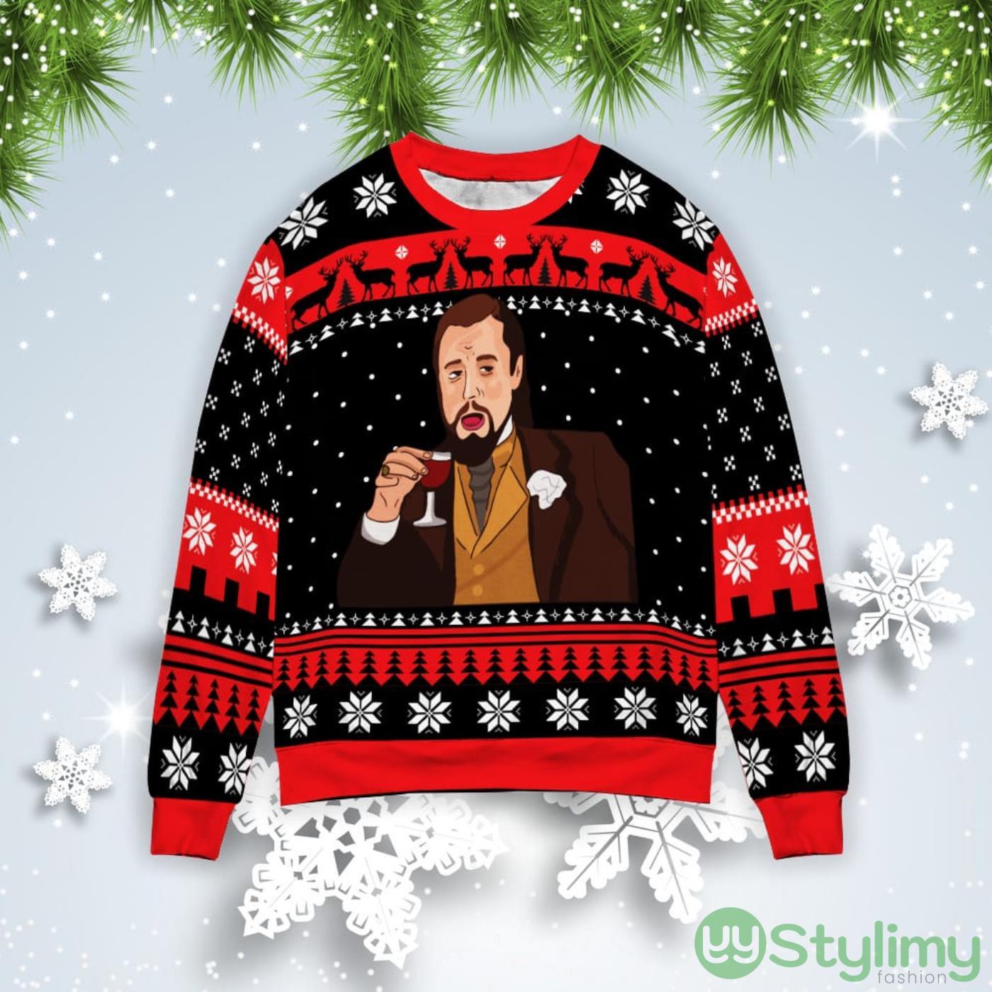 Leonardo Dicaprio Laughing Django Christmas Gift Ugly Christmas Sweater 2 Leonardo Dicaprio Laughing Django Christmas Gift Ugly Christmas Sweater Product Photo 1