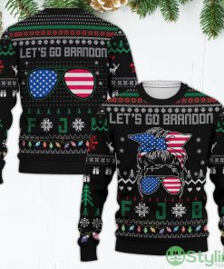 Let's Go Brandon FJB American Flag Glasses Messy Bun Christmas Black Ugly Christmas Sweater Product Photo 1