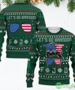 Let's Go Brandon FJB American Flag Glasses Messy Bun Christmas Green Ugly Christmas Sweater Product Photo 1