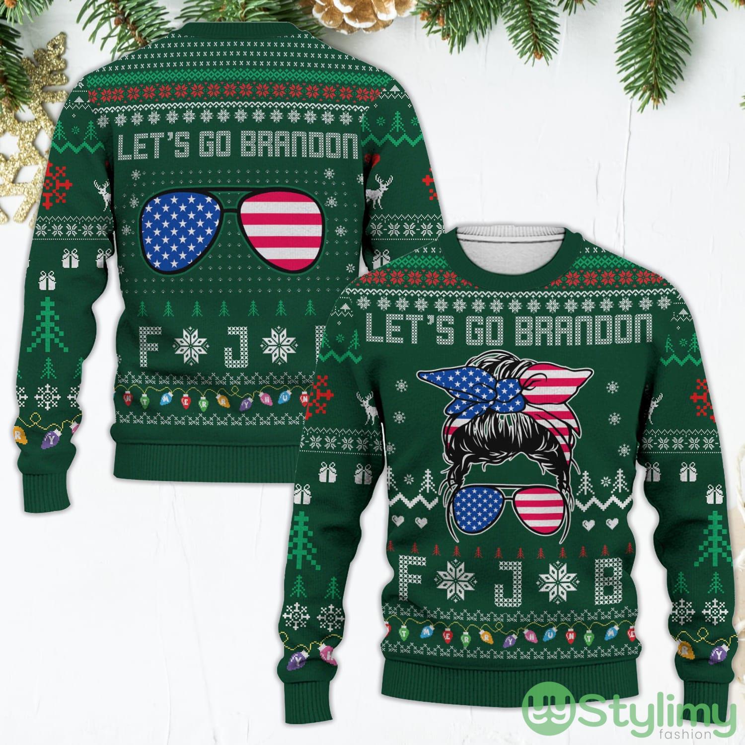 Let's Go Brandon FJB American Flag Glasses Messy Bun Christmas Green Ugly Christmas Sweater 2 lets go brandon fjb american flag glasses messy bun christmas green ugly christmas sweater