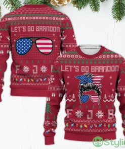 Let's Go Brandon FJB American Flag Glasses Messy Bun Christmas Ugly Christmas Sweater Product Photo 1