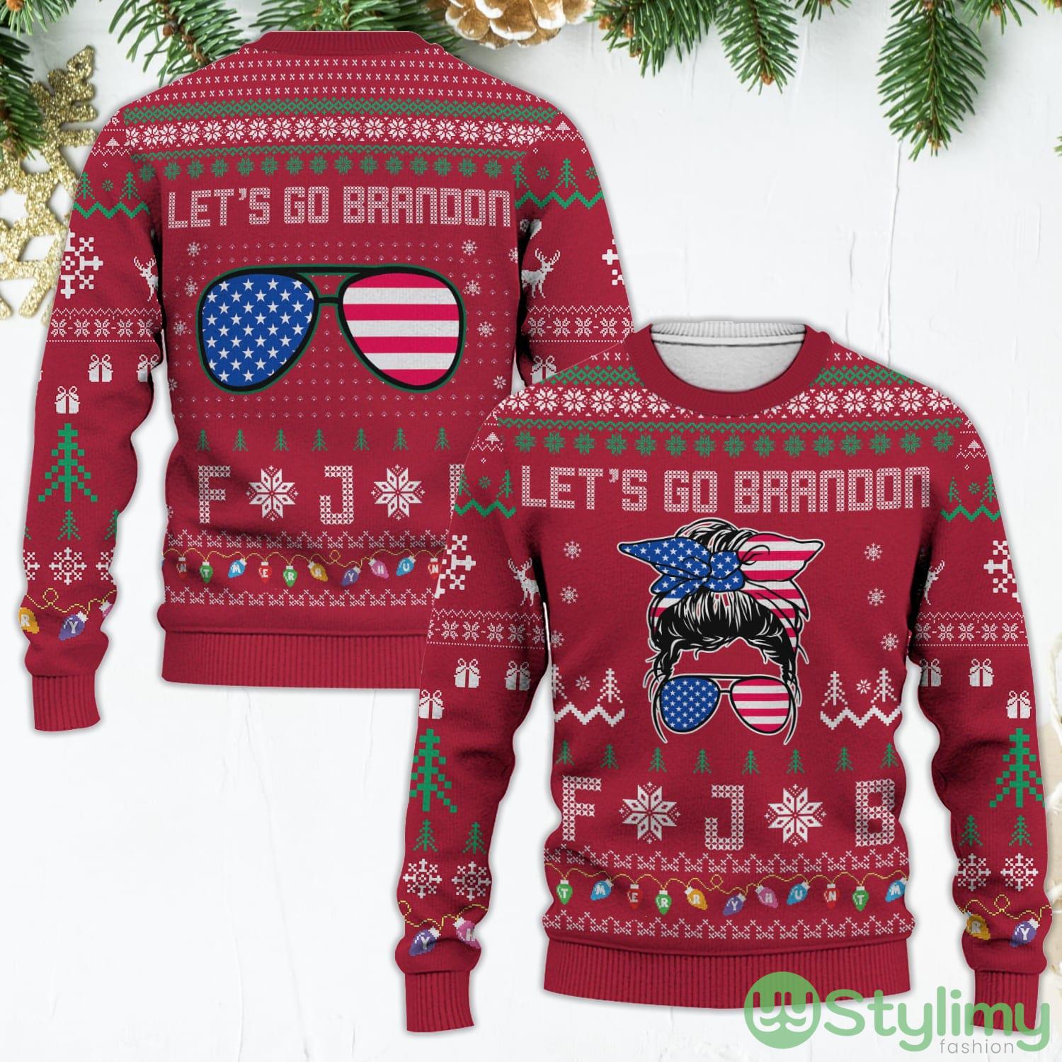Let's Go Brandon FJB American Flag Glasses Messy Bun Christmas Ugly Christmas Sweater 2 lets go brandon fjb american flag glasses messy bun christmas ugly christmas sweater