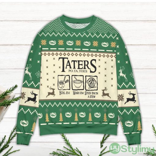Lord of The Rings Taters Potatoes Recipe Pine Tree & Reindeer Pattern Green Ugly Christmas Sweater Product Photo 2