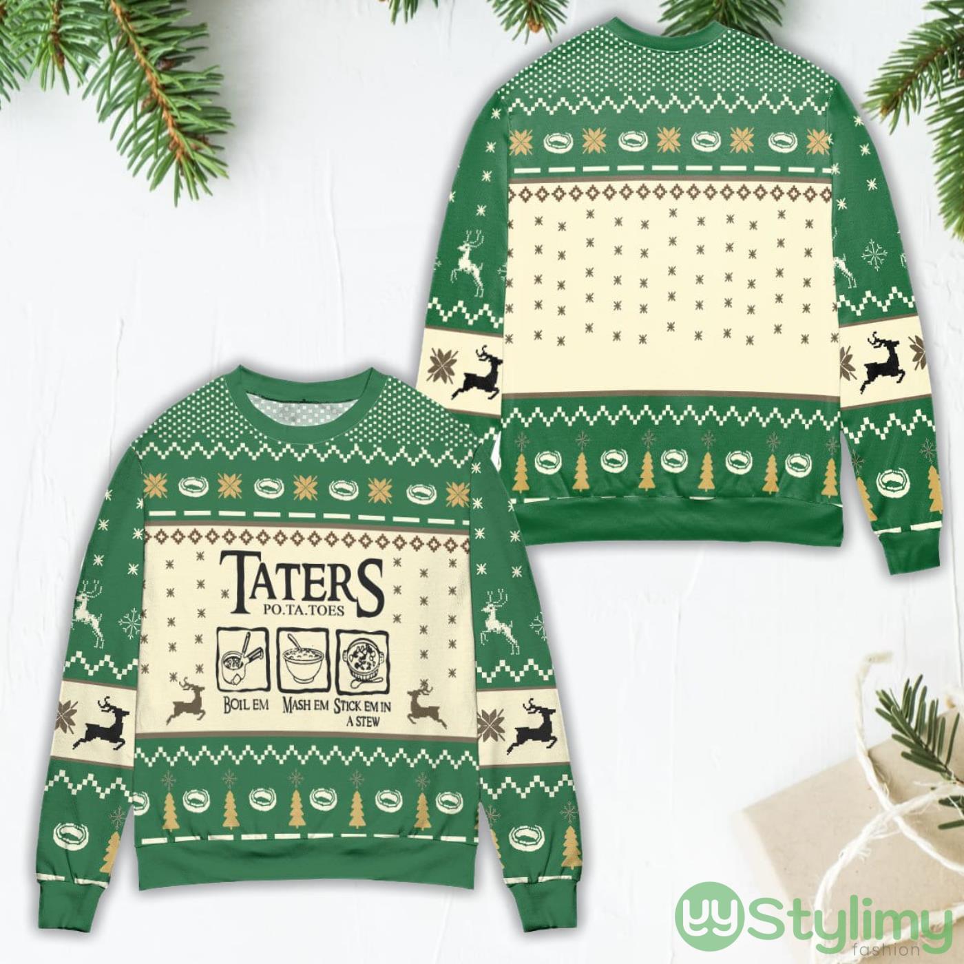 Lord of The Rings Taters Potatoes Recipe Pine Tree & Reindeer Pattern Green Ugly Christmas Sweater 5 Lord of The Rings Taters Potatoes Recipe Pine Tree & Reindeer Pattern Green Ugly Christmas Sweater Product Photo 1