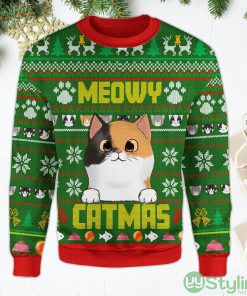 Meowy Catmas Cat Christmas Sweater Cute Christmas Green Ugly Christmas Sweater Product Photo 1