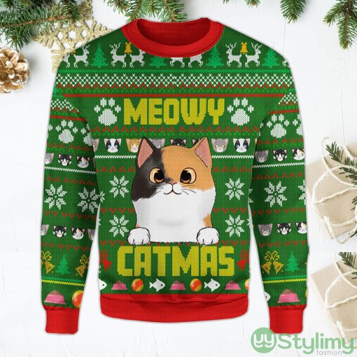 Meowy Catmas Cat Christmas Sweater Cute Christmas Green Ugly Christmas Sweater