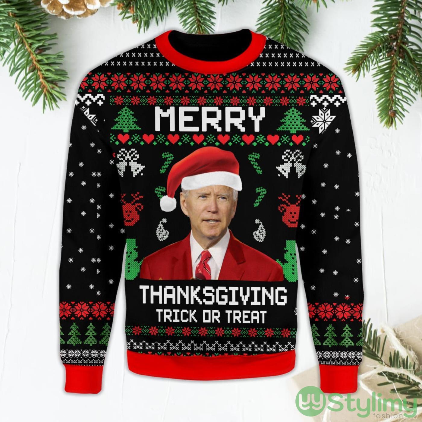 Merry Thanksgiving Trick or Treat Pullover Funny Santa Biden Black Ugly Christmas Sweater 3 Merry Thanksgiving Trick or Treat Pullover Funny Santa Biden Black Ugly Christmas Sweater Product Photo 1