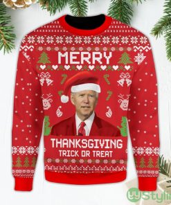 Merry Thanksgiving Trick or Treat Pullover Funny Santa Biden Red Ugly Christmas Sweater Product Photo 1