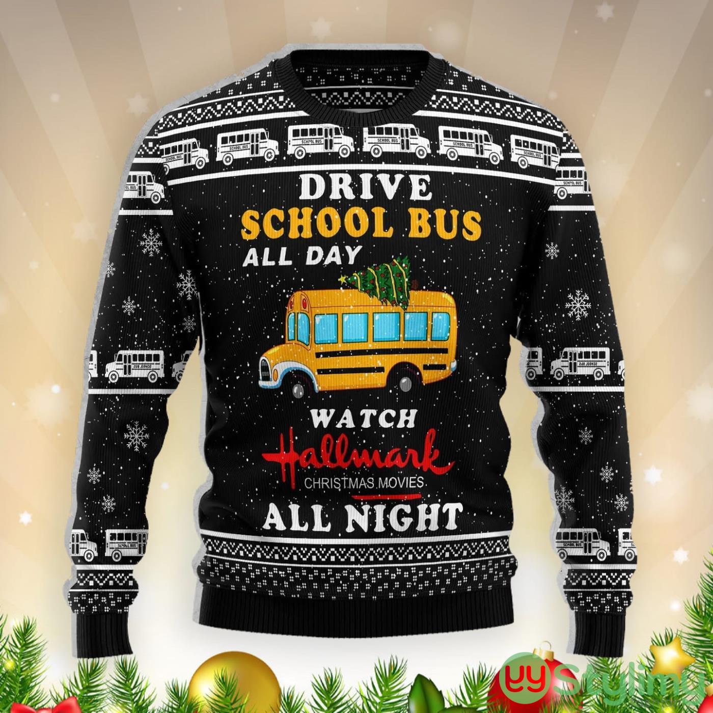 School Bus All Day Ugly Christmas Sweater 2 School Bus All Day Ugly Christmas Sweater Product Photo 1