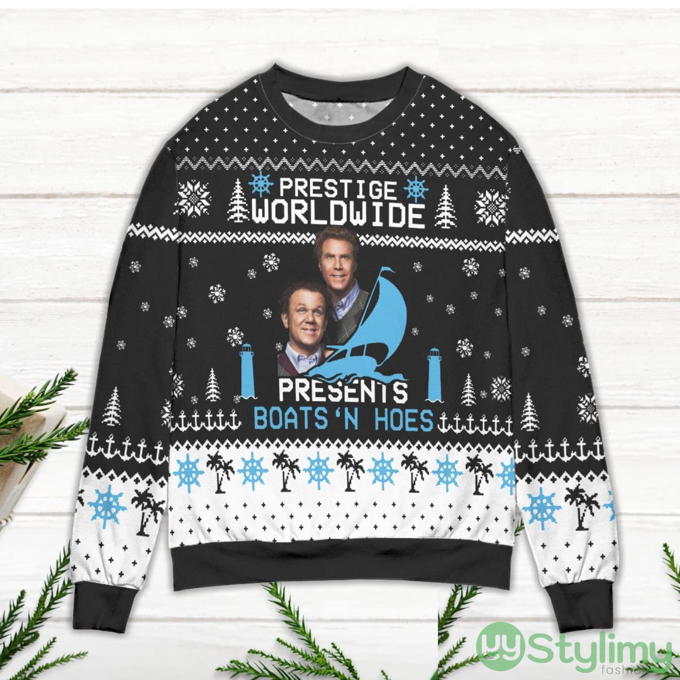 Step Brothers Prestige Worldwide Presents Boats 'N Hoes Black Ugly Christmas Sweater 2 Step Brothers Prestige Worldwide Presents Boats 'N Hoes Black Ugly Christmas Sweater Product Photo 2