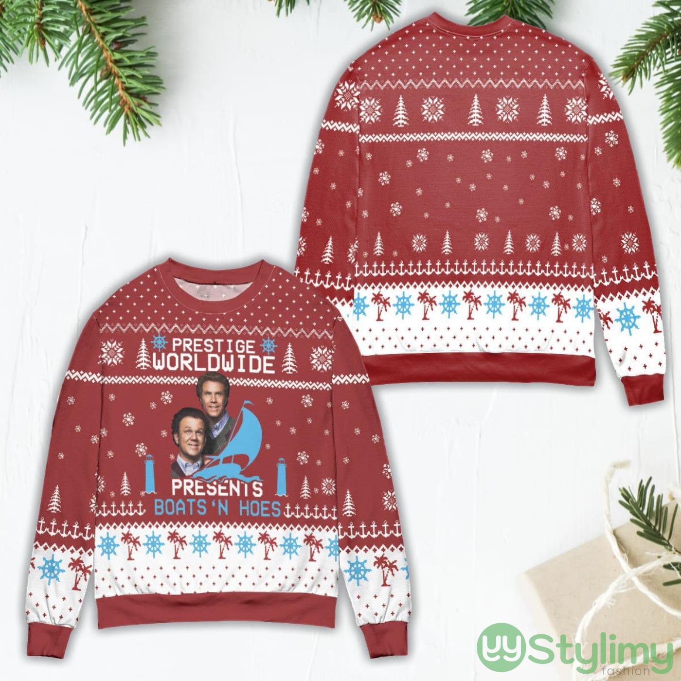 Step Brothers Prestige Worldwide Presents Boats 'N Hoes Red Ugly Christmas Sweater 4 step brothers prestige worldwide presents boats n hoes red ugly christmas sweater