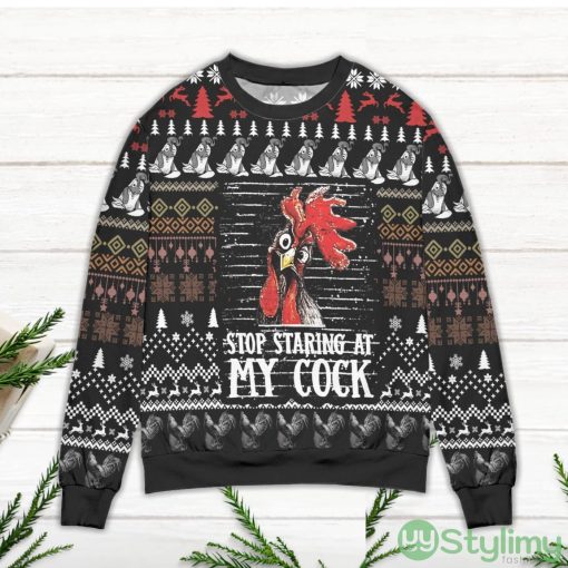 Stop Staring At My Cock Pine Tree Pattern Ugly Christmas Sweater