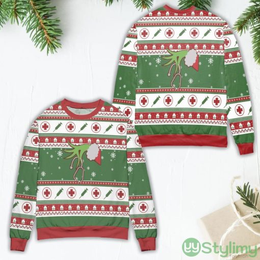 The Grinch Hand Holding Nurse Stethoscope Ugly Christmas Sweater Product Photo 1
