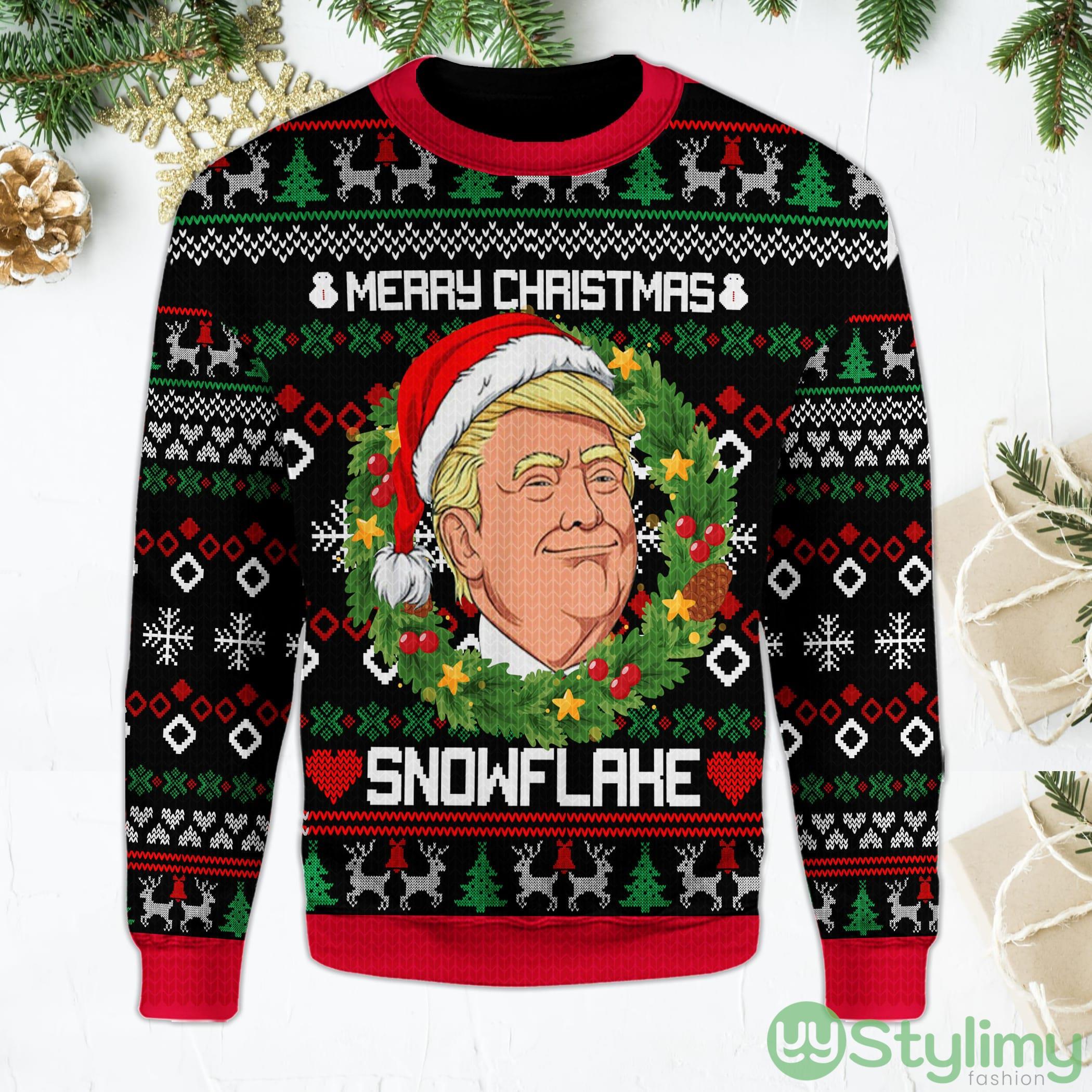 Trump Merry Christmas Snowflake Funny Laurel Wreath Trump Black Ugly Christmas Sweater 4 Trump Merry Christmas Snowflake Funny Laurel Wreath Trump Black Ugly Christmas Sweater Product Photo 1