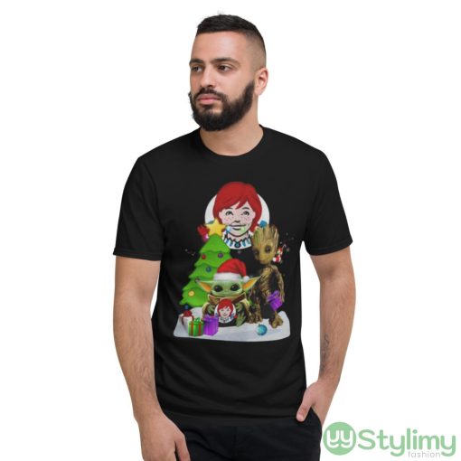 Awesome Santa Bigfoot And Baby Yoda Hug Wendy’s Snow Christmas Tree Shirt - Short Sleeve T-Shirt