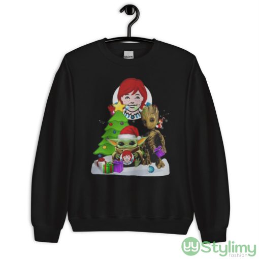 Awesome Santa Bigfoot And Baby Yoda Hug Wendy’s Snow Christmas Tree Shirt - Unisex Crewneck Sweatshirt