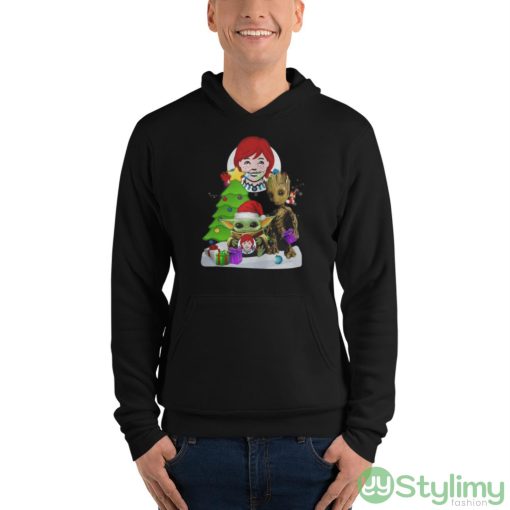 Awesome Santa Bigfoot And Baby Yoda Hug Wendy’s Snow Christmas Tree Shirt - Unisex Fleece Pullover Hoodie